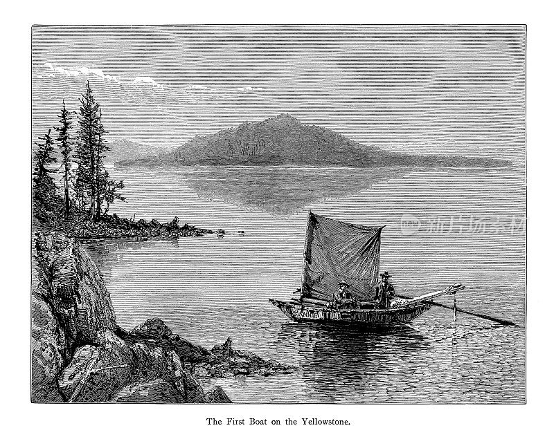 黄石湖上的第一艘船，美国|美国历史插图